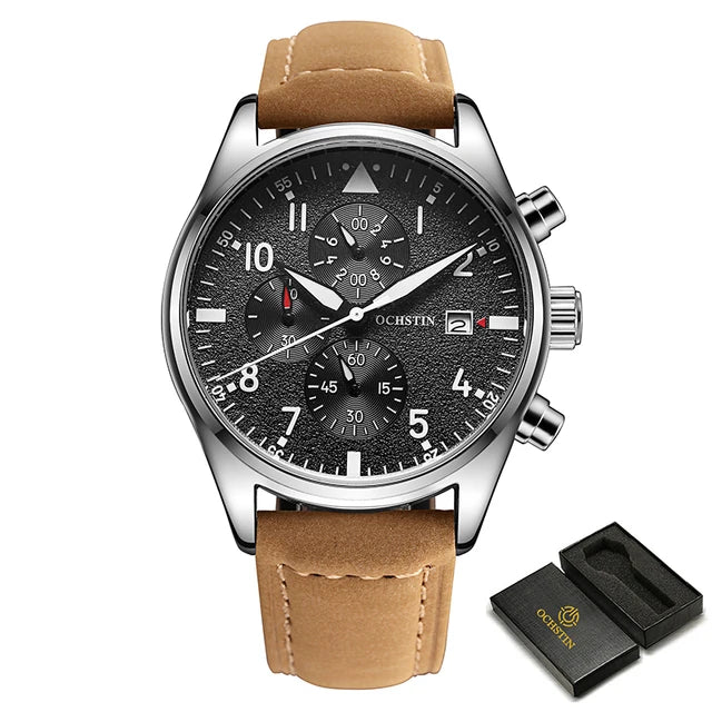 OCHSTIN Mens Watches Quartz Chronograph Men Watch Pilot Sport Male Fashion Wristwatch Top Brand Luxury Leather Waterproof Clock