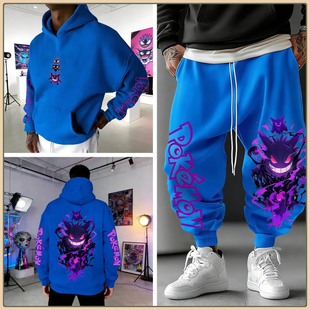 Black Hoodie and Pants Set with Pokemon Character Print Sleeve and Side Text Streetwear Anime Tracksuit for Men Unisex Casual