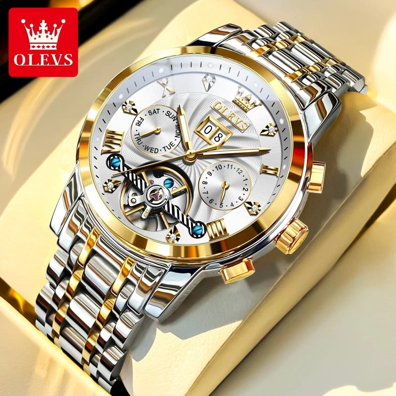 OLEVS 9910 Original Men's Automatic Mechanical Watch Luxury Skeleton Stainless steel Waterproof Luminous Watches