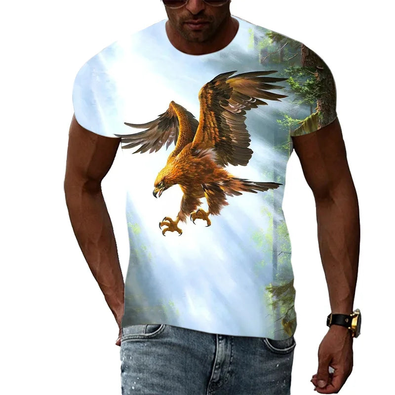 T-shirt para Homem com Águia Divertida Estampada em 3D, T-shirts com Padrão Animal Cool, Verão Harajuku, Corte Largo, Gola Redonda, Manga Curta, T-shirts para Criança