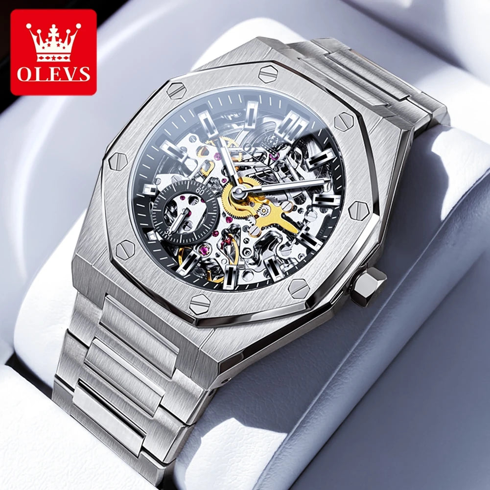 OLEVS Watches Luxury Man High Quality Original Fully Skeleton Automatic Mechanical Watch Stainless Steel Men Watches Gifts Box