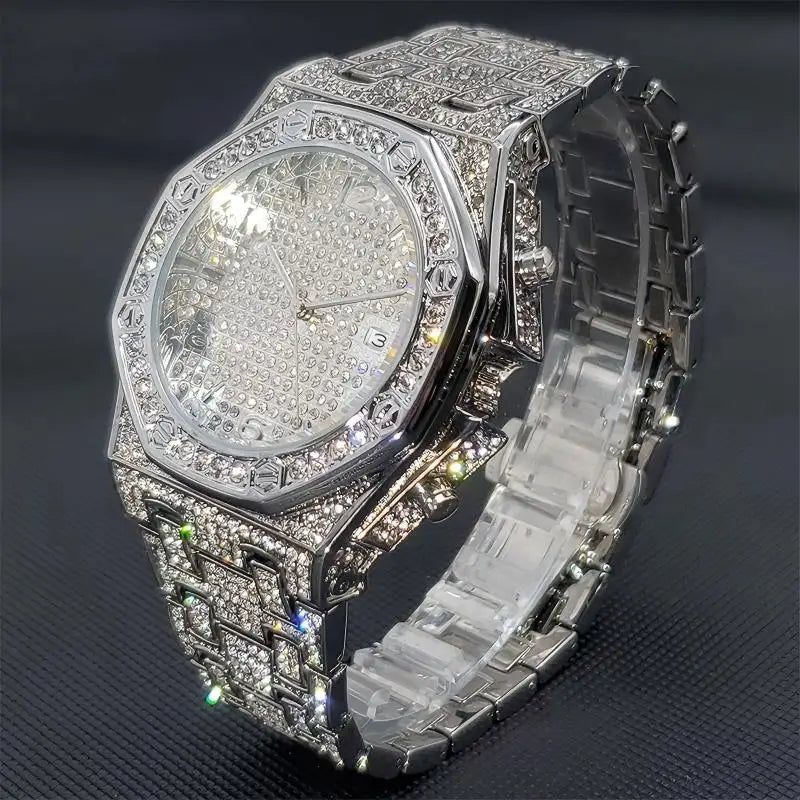 Gold Watches For Men Full Iced Diamond Men's Quartz Watch Luxury Fashion Calendar Wristwatch Dropshipping