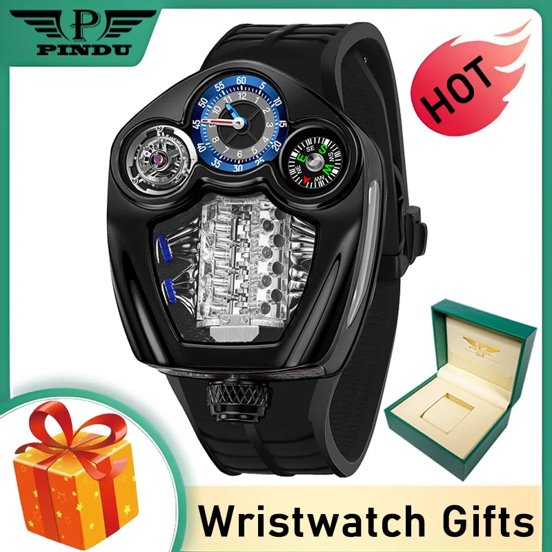 PINDU Design Engine Watches Men Top Brand Luxury Watch Compass Waterproof Quartz Wristwatch Festival Limited Watch + Gift Box