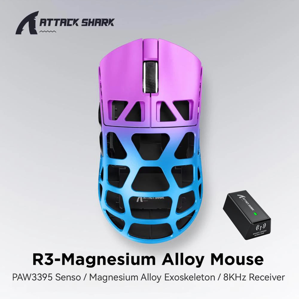 ATTACK SHARK R3 gaming miš od magnezijske legure s honeycomb dizajnom, ultra lagan 8K Hz, PAW3395 senzor, 26000 DPI, ergonomska školjka