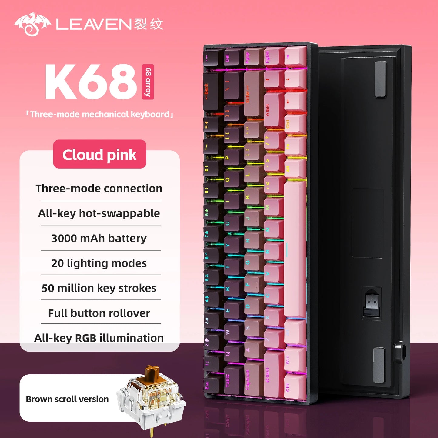 K68 68Key Wireless Mechanical Keyboard Tri-mode Connection,Full Key Hot Swap,RGB lighting Effects,Gasket Muffler Structure, L