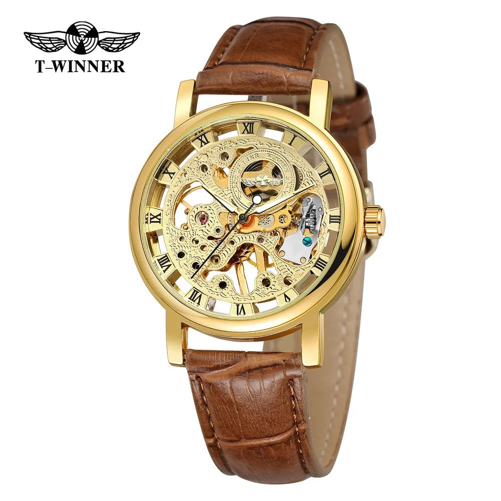T-Winner Popular Lovers Skeleton Design Gold Watches Mechanical Hand Wind Movement PU Leather Strap Wristwatch for Men Women