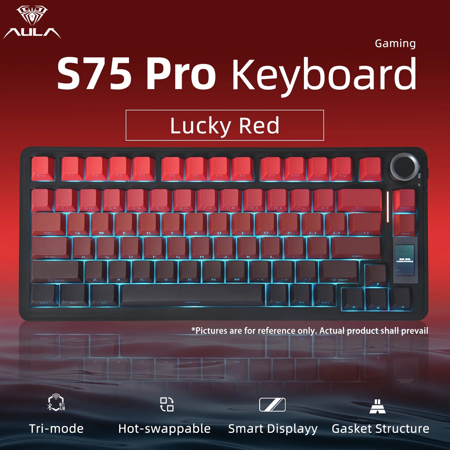 Teclado Mecânico AULA S75 PRO 75% Layout Personalizado Retroiluminação RGB Sem Fios Bluetooth Gaming com Ecrã e Botão Rotativo