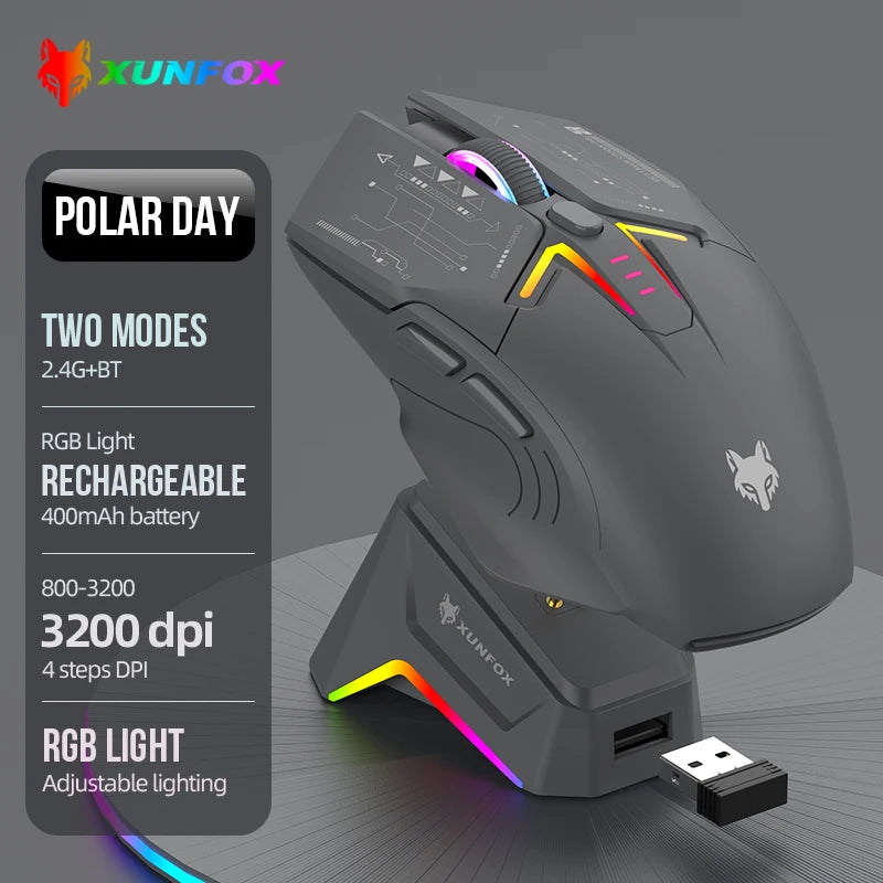 XUNSVFOX H2 Wireless Bluetooth Dual-Mode Mouse with RGB Lighting Effect for Laptop Gaming and Office, Magnetic Charging