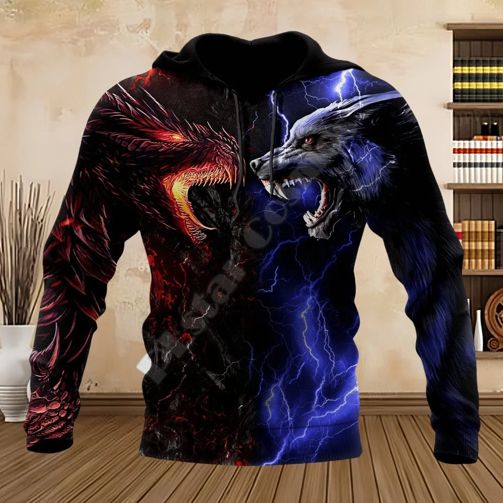 Tatuointilohikäärme-svetarit kevääseen ja syksyyn, 3D-kuviointi, miesten hupulliset pitkähihaiset hupparit, unisex-streetwear, rennot svetarit miehille