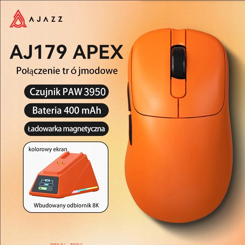 AJAZZ AJ179 APEX Gaming Mouse with Color Screen Dock, Tri-Mode Wireless Gaming Mouse, PAW3950 Sensor, 8000Hz Polling Rate, Magnetic Charging