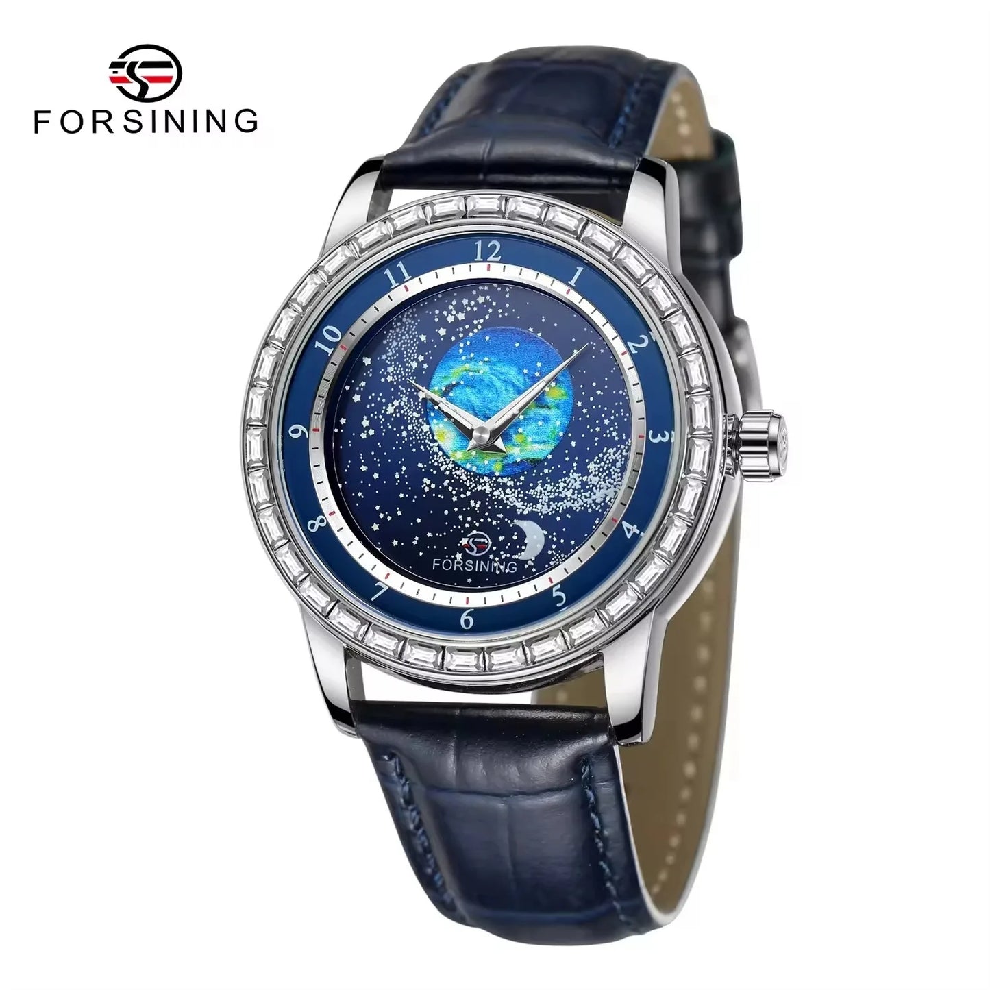 FORSINING Luxury Mens Automatic Mechanical Watch,Earth Star Moon Starry Milky Way Rhinestone Dial Leather Strap,3ATM Waterproof
