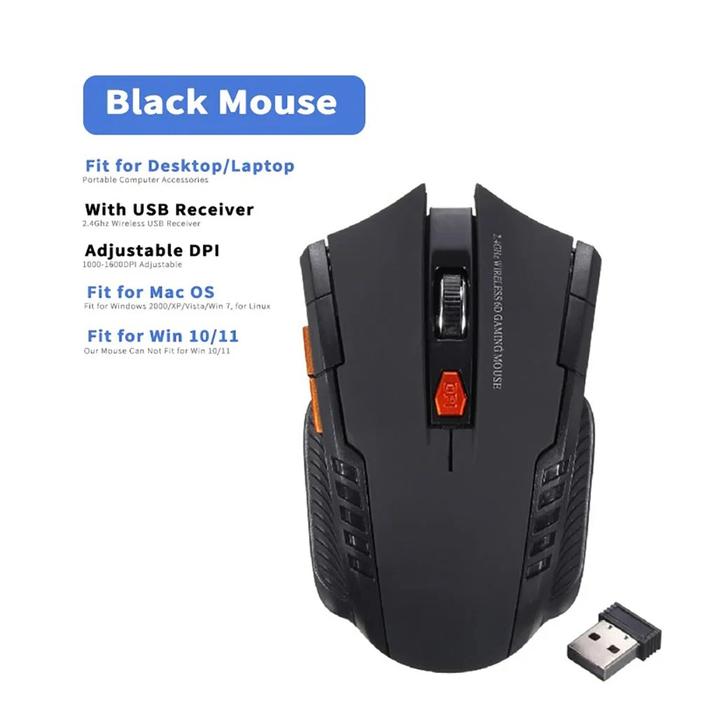 Mouse wireless 2.4GHz ottico da gaming con ricevitore USB, 2000DPI, 6 pulsanti, per computer, laptop e accessori