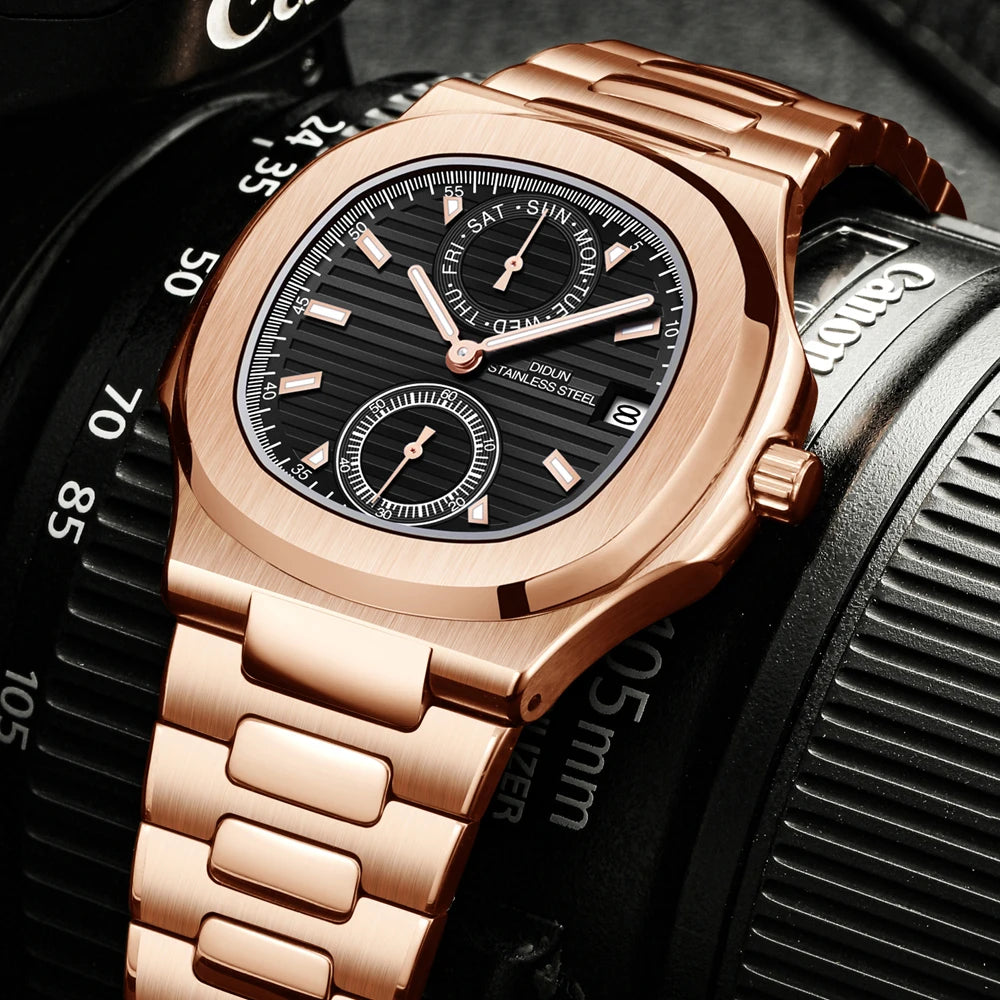 DIDUN Mens Watches Top Brand Luxury Business Stainless Watch Male Military Quartz Chronograph Analog Date Clock Steel Wristwatch