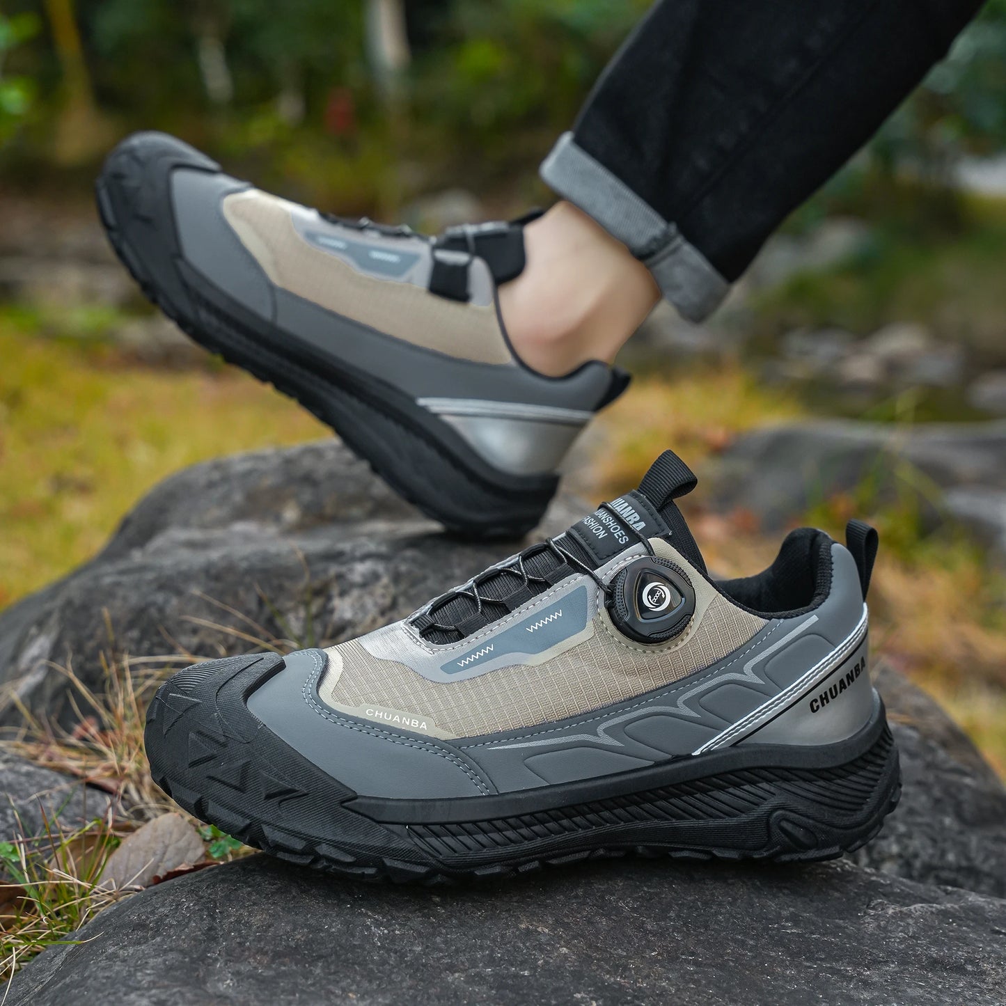 Men's Lightweight Casual Outdoor Running Shoes in Black, Grey, Khaki, Sizes 39-48, PU Material with Canvas