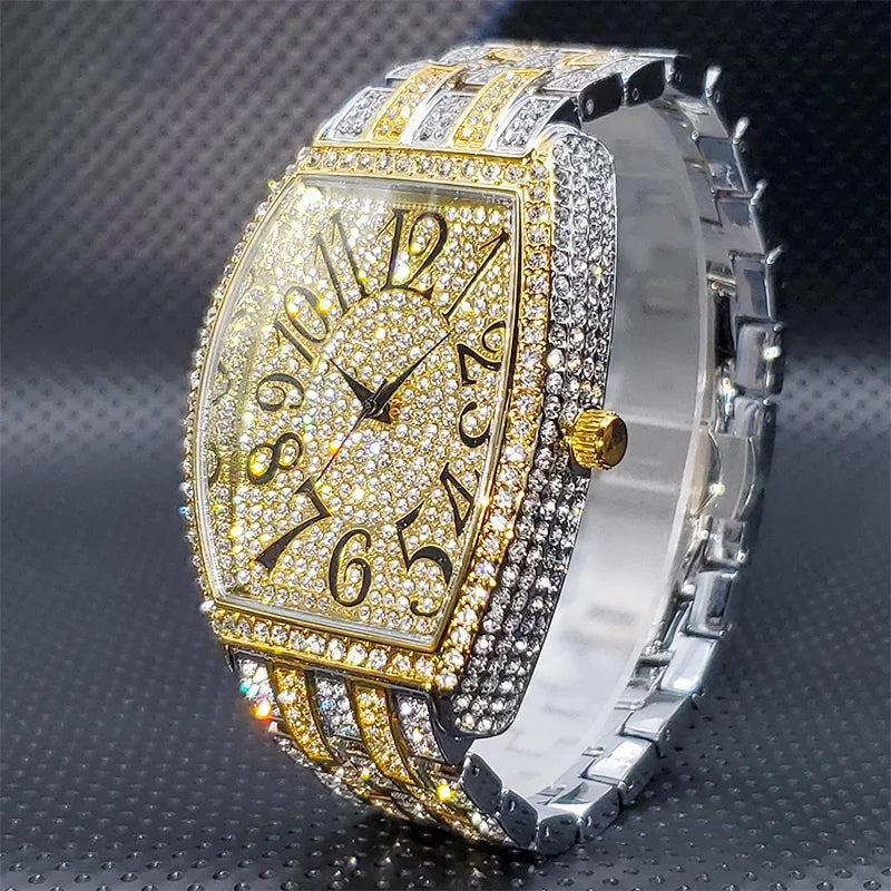Stainless Steel Men's Watches Luxury Diamond Silver Iced Out Quartz Watch Top Brand 30M Waterproof Big Dial Tonneau Reloj Hombre