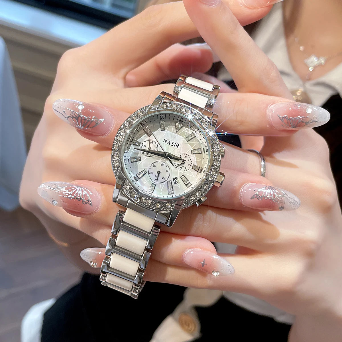 CILOA Women's Chronograph Watch Diamond Bezel White Ceramic & Stainless Steel Band Luxury Fashion Quartz Wristwatch