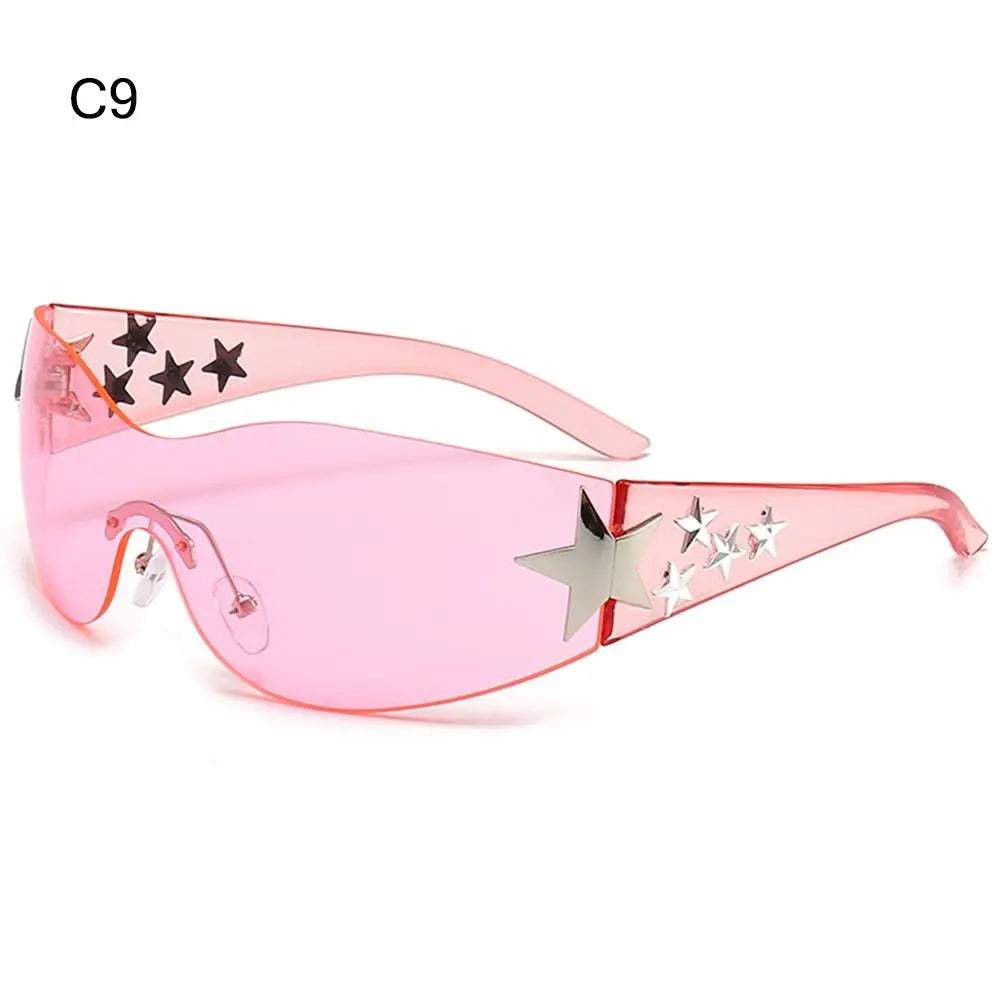 Rimless Y2K Sunglasses Women Men Punk Goggle Trendy Shield Sun Glasses UV400 3D Five Star Rhinestones Eyewear 2024
