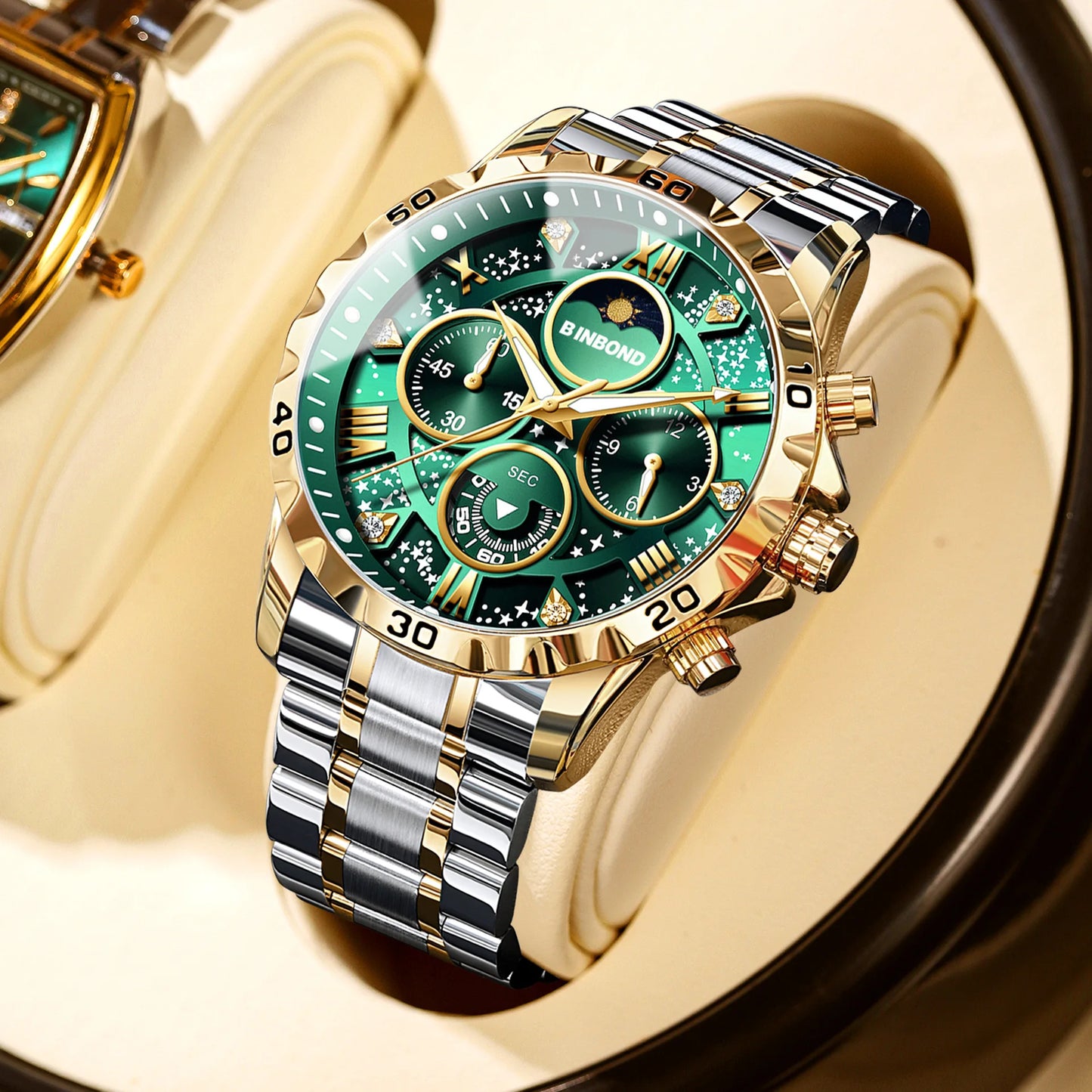 2026 Herrenuhr – leichter Luxus, Business-Stahlarmband, Mondphase, Sternennacht-Design, wasserdicht, modische Quarzuhr für Herren, Geschenk