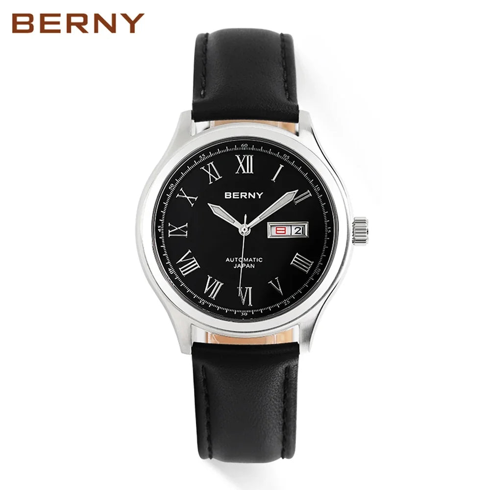 BERNY Automatic Watches for Men Sapphire Luminous Hands Day Calendar Dress Luxury Mechanical Watch 5ATM Vintage-Style Wristwatch