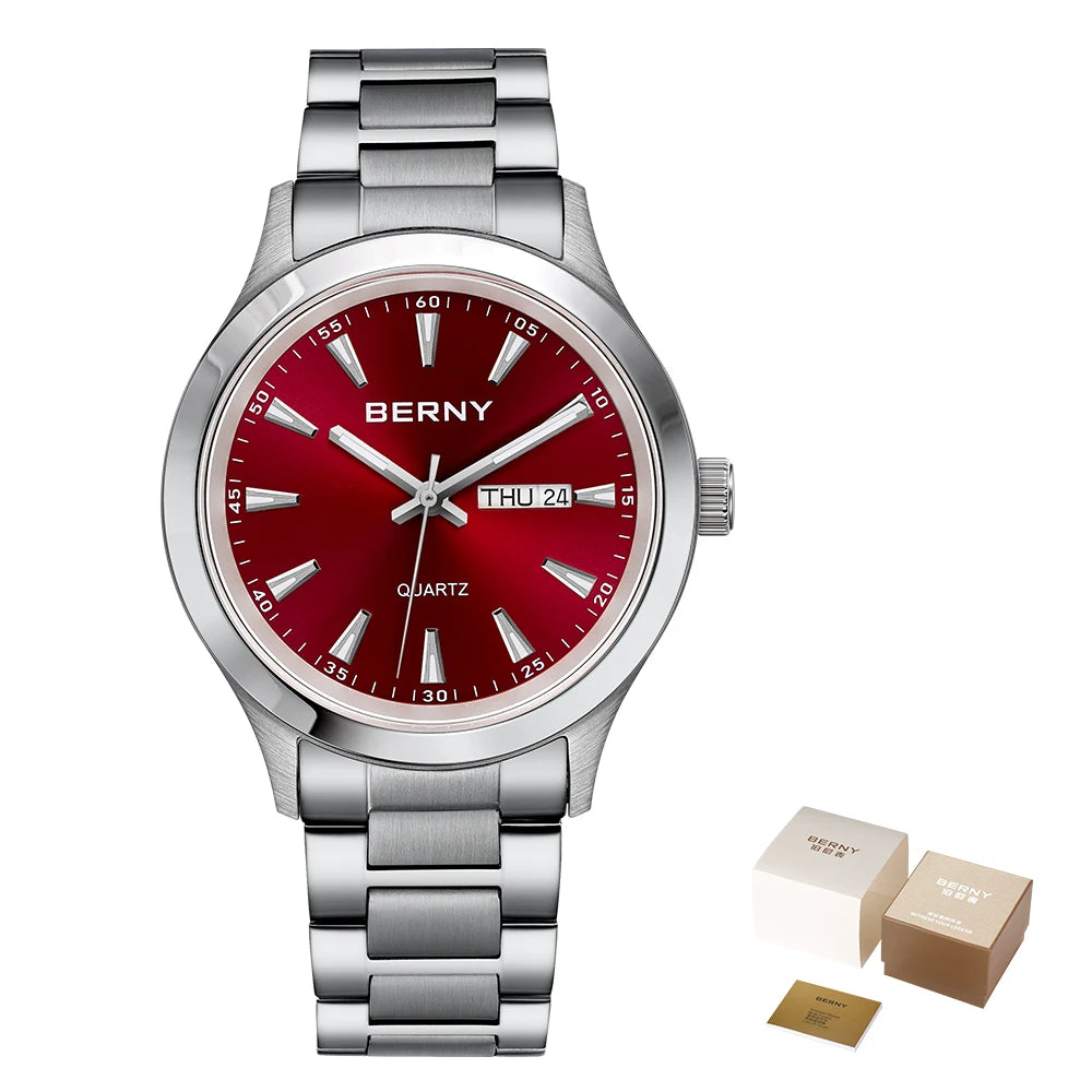 BERNY Men Quartz Watch Fashion Texture Wristwatch for Men Ultra Thin Men Watch Calendar Luminous Stainless Steel Dress Watches