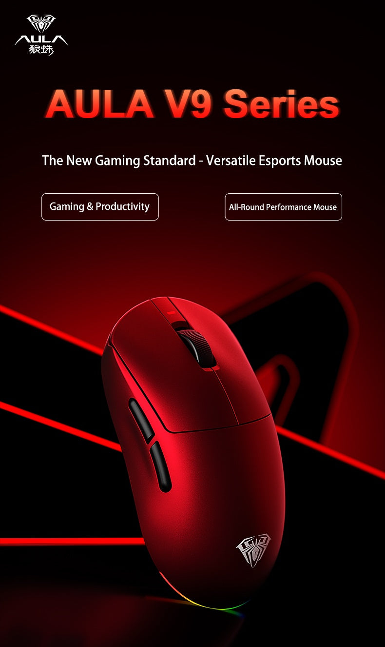 Aula V9 Ultra bezdrátová e-sportovní herní myš, duální 8k, 3 režimy, PAW 3950, 8k, 55g, lehká ergonomická myš, zakázkové příslušenství k PC
