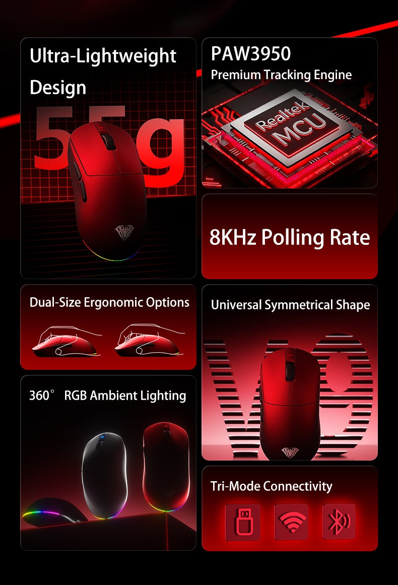 Aula V9 Ultra bezdrátová e-sportovní herní myš, duální 8k, 3 režimy, PAW 3950, 8k, 55g, lehká ergonomická myš, zakázkové příslušenství k PC