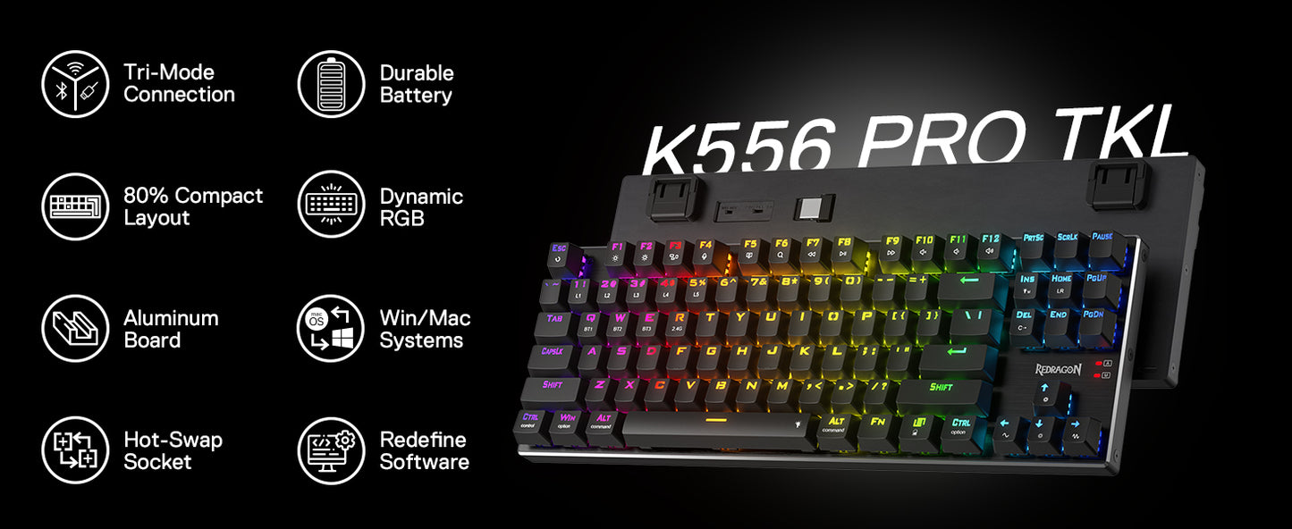 Redragon K556 PRO TKL Wireless RGB Gaming Keyboard, 87-Key Tri-Mode Hot-Swappable Mechanical Keyboard with Bluetooth, 2.4GHz & USB-C for Windows & Mac