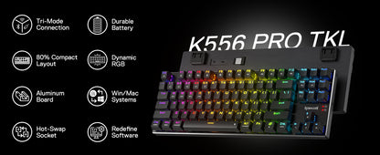 Redragon K556 PRO TKL Wireless RGB Gaming Keyboard, 87-Key Tri-Mode Hot-Swappable Mechanical Keyboard with Bluetooth, 2.4GHz & USB-C for Windows & Mac