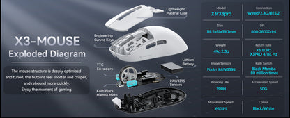 ATTACK SHARK X3 trådløs gamingmus PixArt PAW3395 49g SUPERLIGHT, BT/2.4G trådløs/kablet, 6 justerbare DPI op til 26000