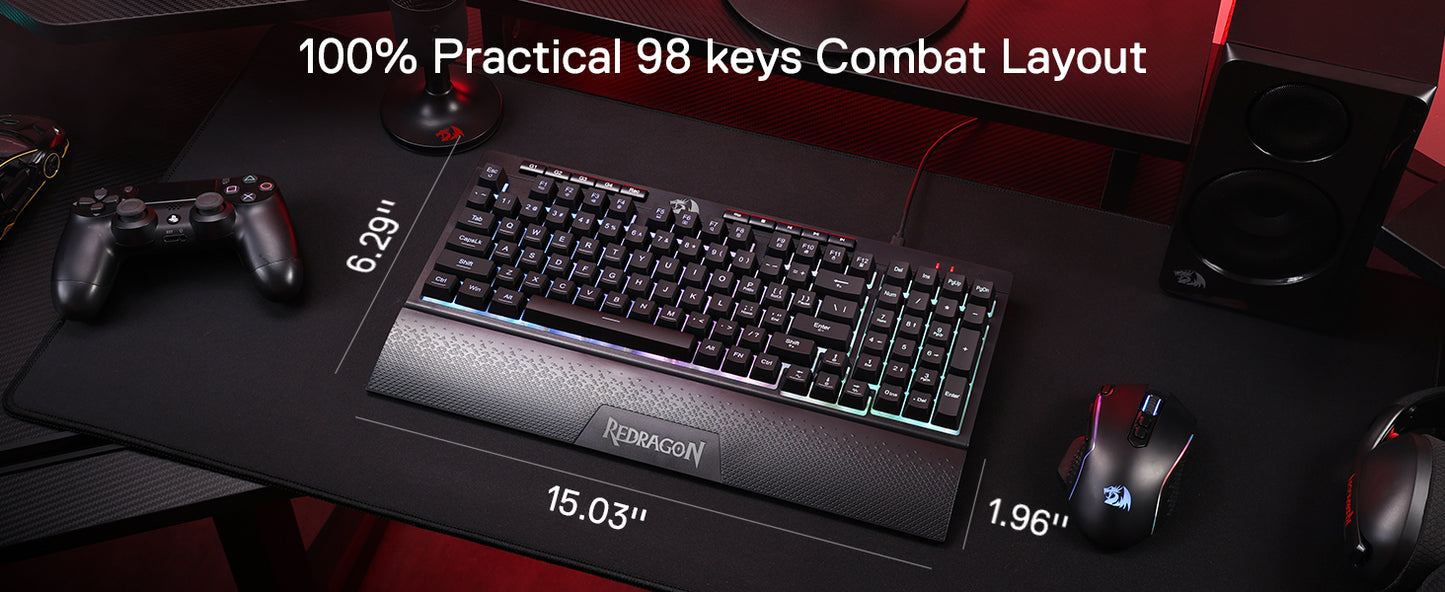 Redragon K515 Shiva Wired RGB Membrane Gaming Keyboard, 98 Keys Mechanical-Feel Keyboard w/Smooth Linear Switch