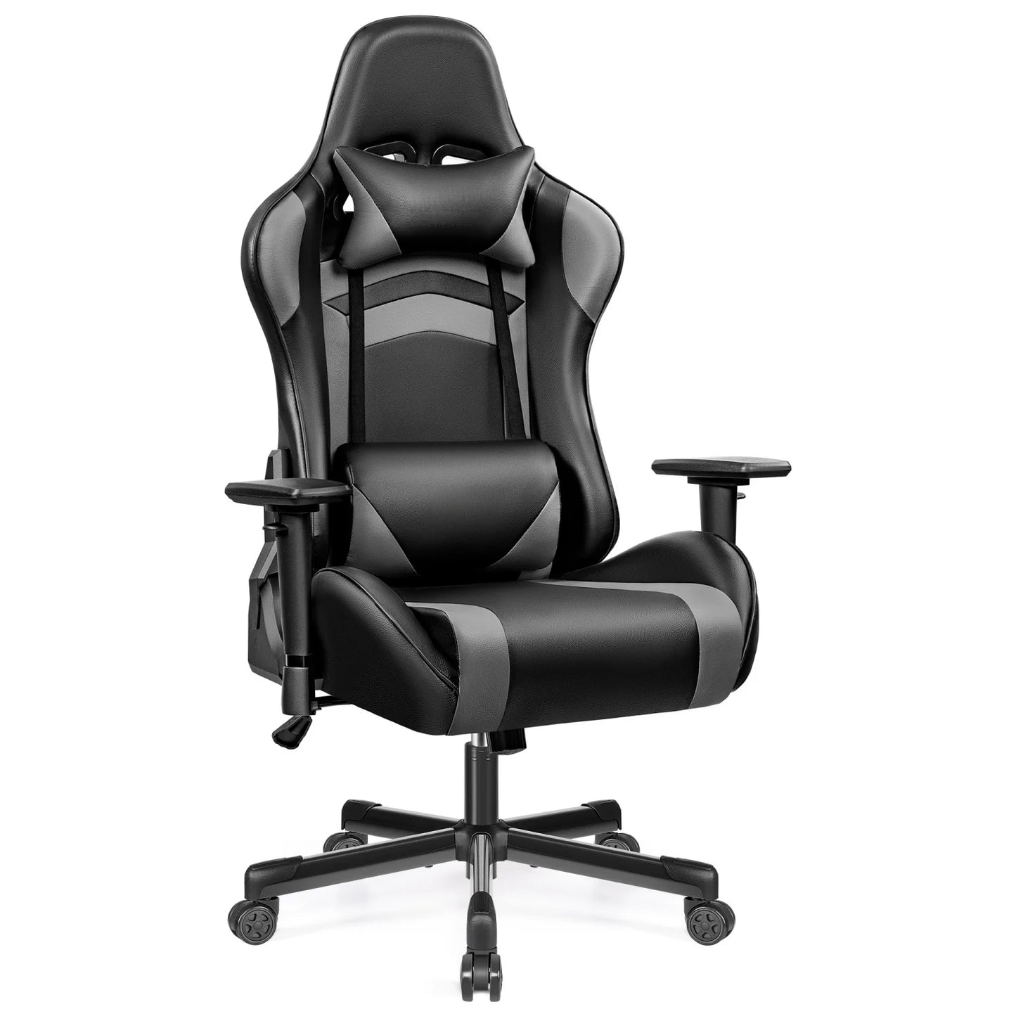 Gaming chair PU leather adjustable in multiple directions, with lumbar support and headrest, ergonomic, black-gray