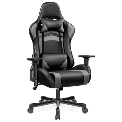 Gaming chair PU leather adjustable in multiple directions, with lumbar support and headrest, ergonomic, black-gray