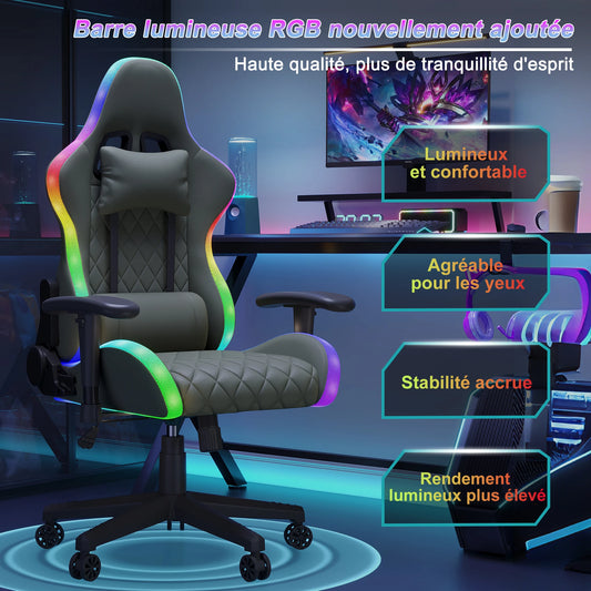 Superaly 72x58.5x125-133cm Ergonomic Gaming Chair RGB Light,Gamer Chair,PU Leather Office Chair with Headrest & Lumbar Cushion