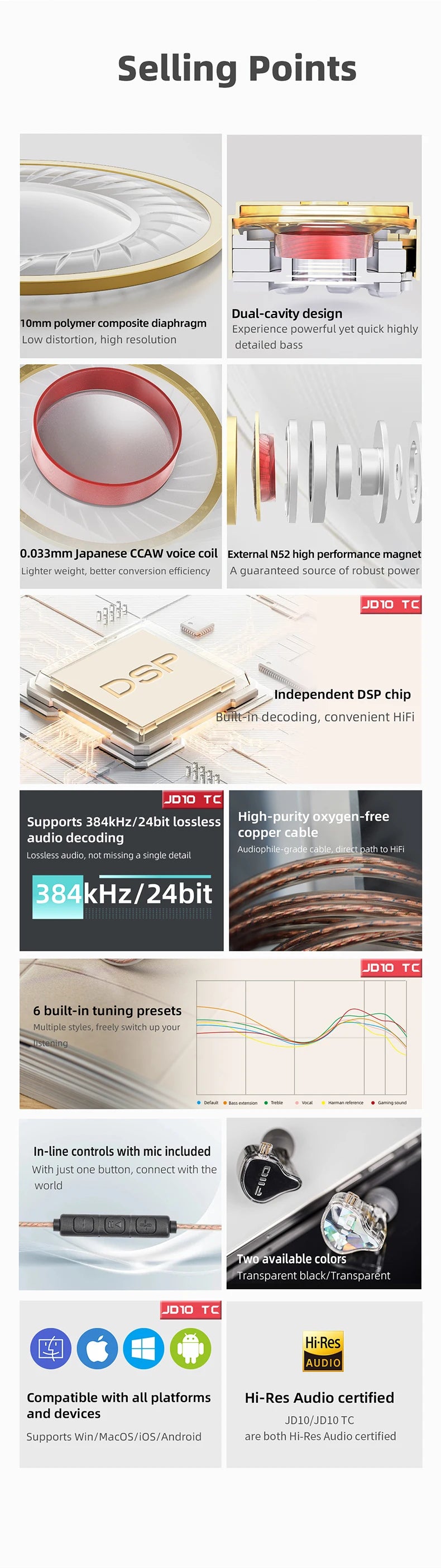 FiiO JD10 3.5mm / Type-C Wired In-Ear Earphone Hi-Res Audio HIFI Bass Stereo Music Earbuds Sport Gaming Headset