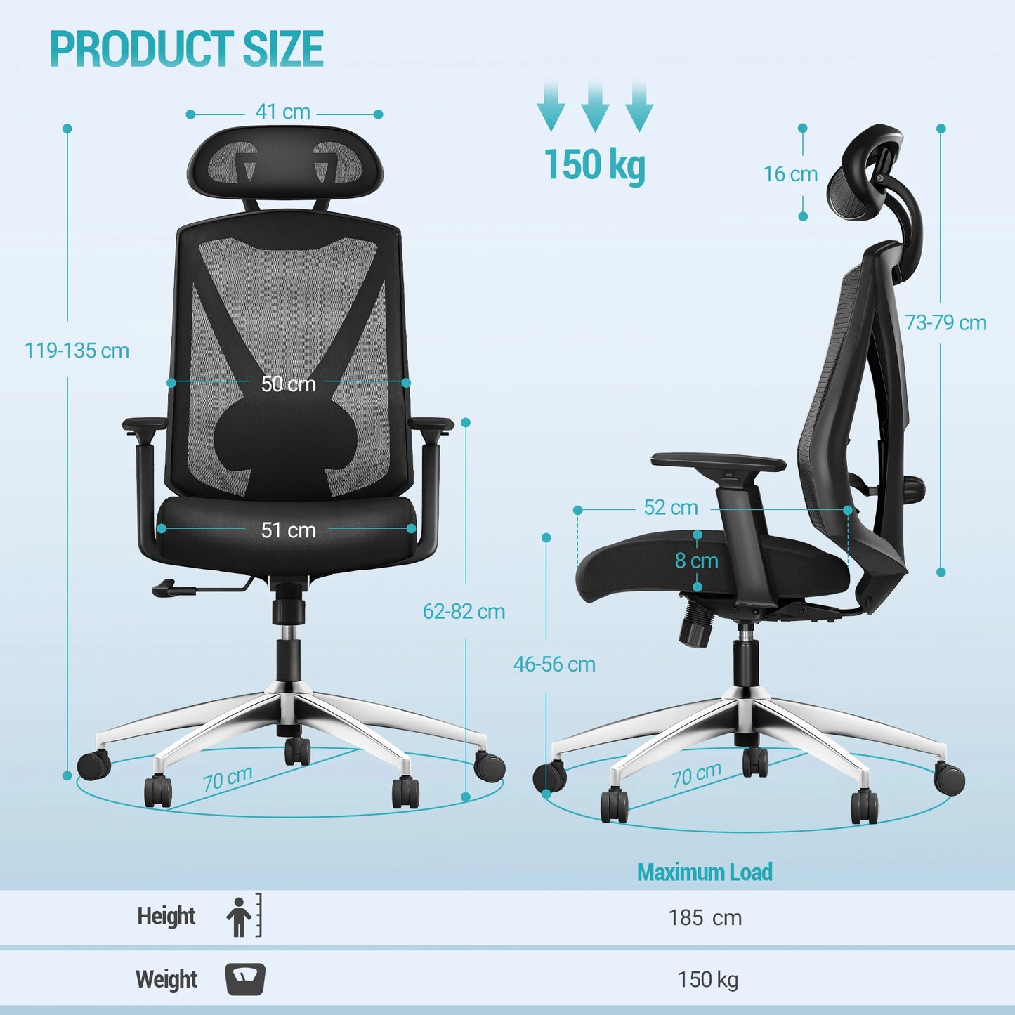 1 Black Ergonomic Office Chair,Computer Chair,Swivel Chair with Adjustable Lumbar Support,Headrest and Armrest,Height Adjustment
