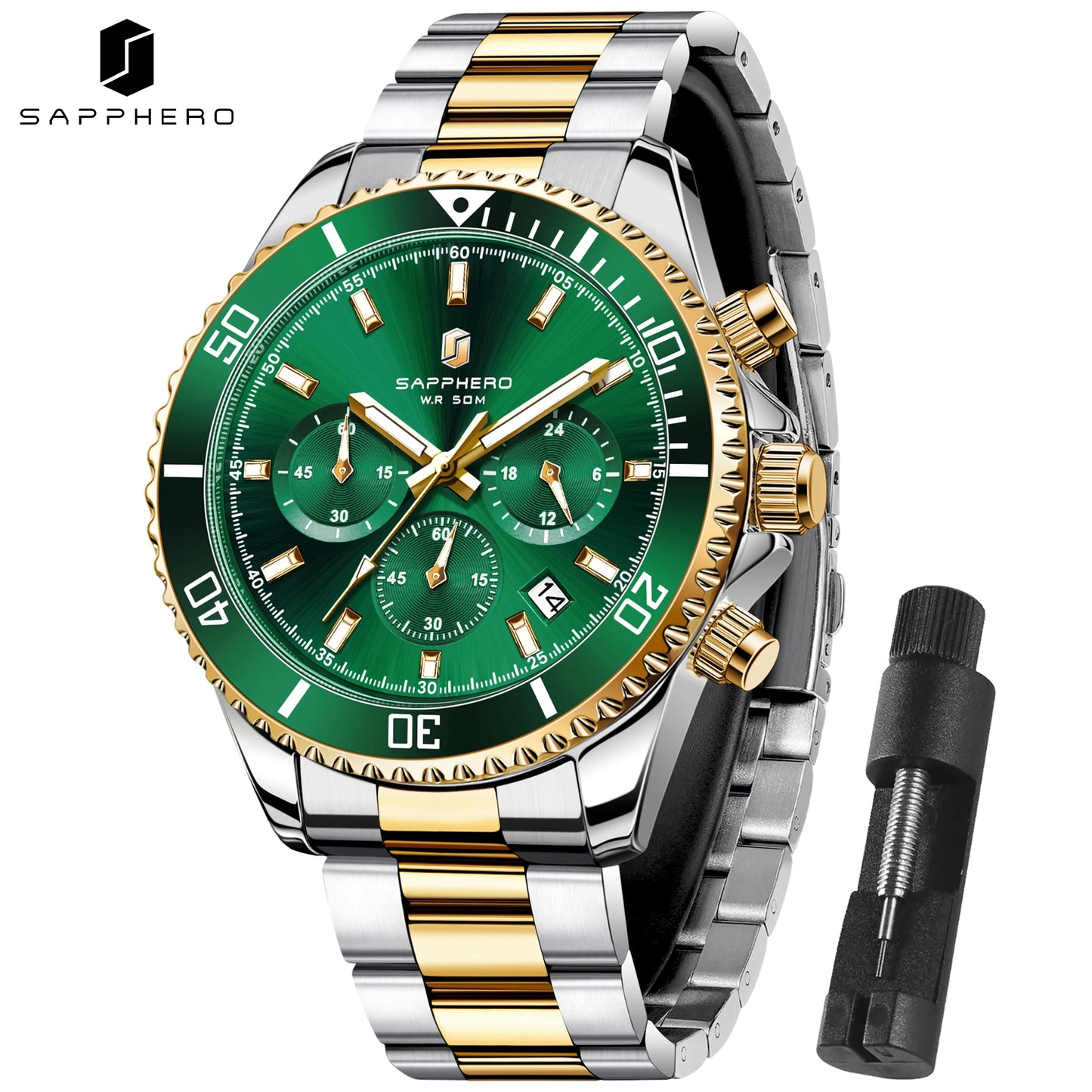 SAPPHERO Men’s Quartz Watch Luxury Chronograph Sport Wristwatch Stainless Steel Waterproof 50M Date Luminous Business Watch