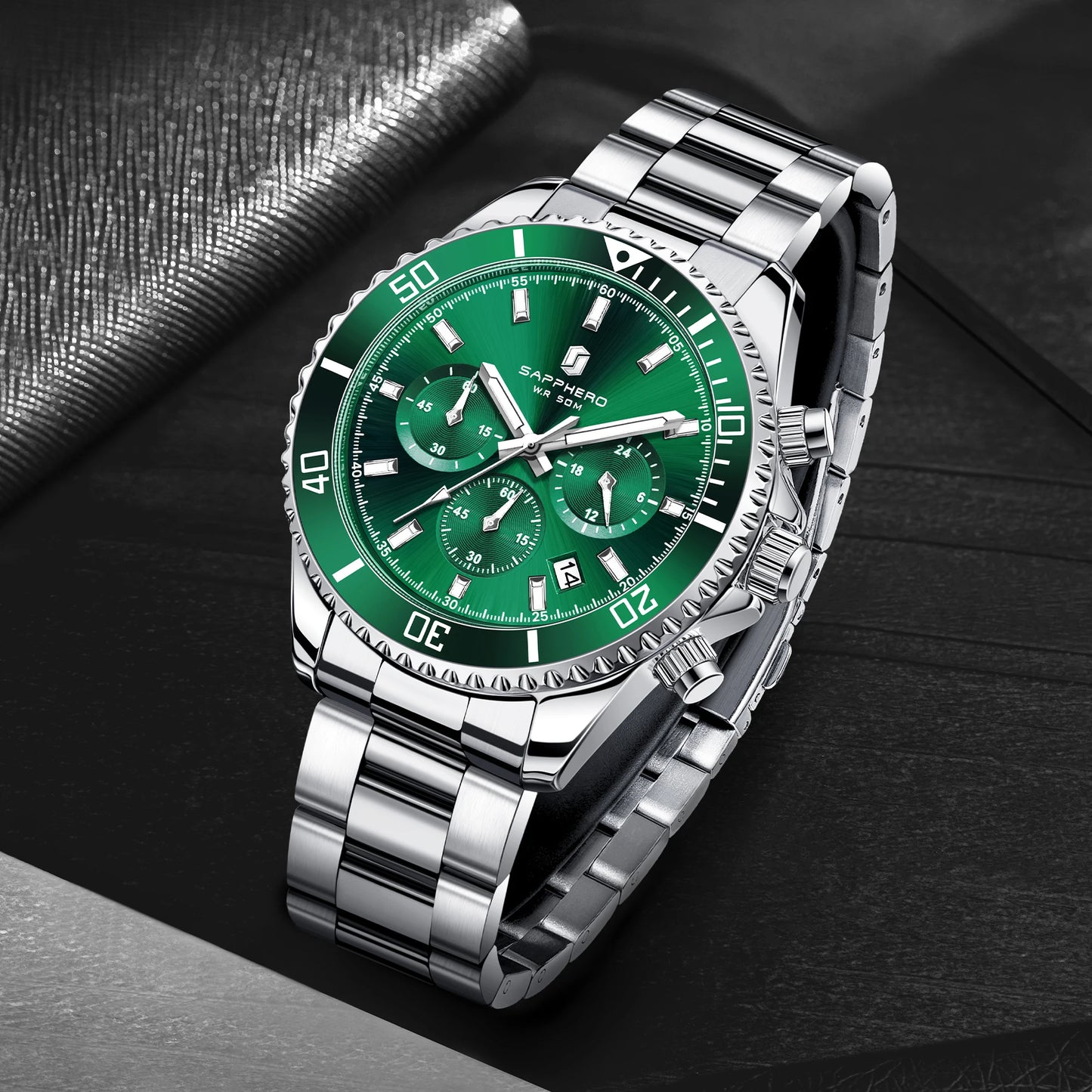 SAPPHERO Men’s Quartz Watch Luxury Chronograph Sport Wristwatch Stainless Steel Waterproof 50M Date Luminous Business Watch