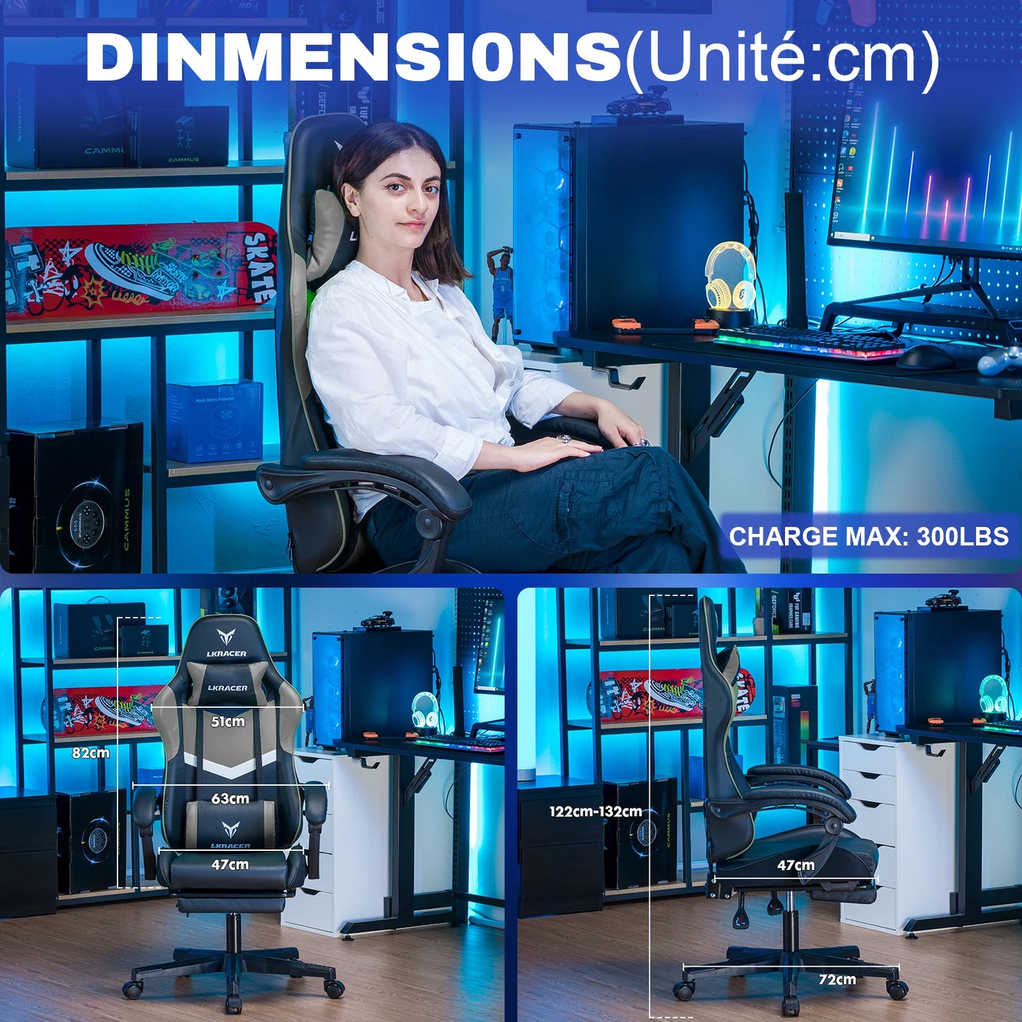 LUCK RACER Gaming chair with footrest Office Chair Ergonomic with Adjustable Loin Pillows, Pillow Gaming Chair