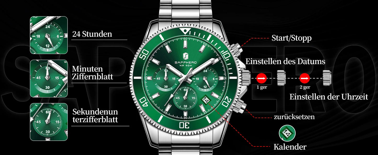 SAPPHERO Men’s Quartz Watch Luxury Chronograph Sport Wristwatch Stainless Steel Waterproof 50M Date Luminous Business Watch