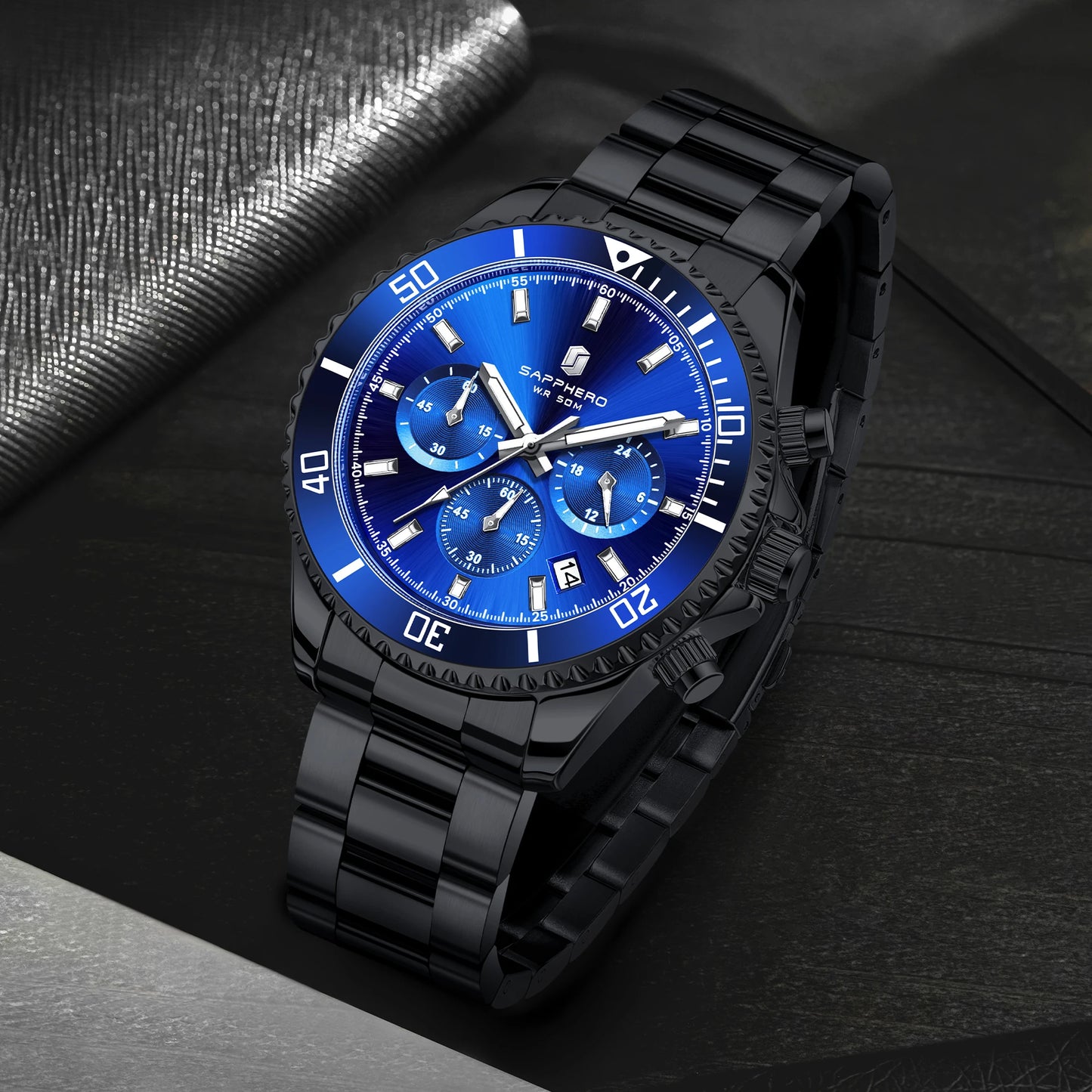 SAPPHERO Men’s Quartz Watch Luxury Chronograph Sport Wristwatch Stainless Steel Waterproof 50M Date Luminous Business Watch