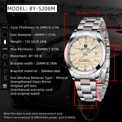 BENYAR best seller 40MM Luxury Mechanical Automatic Watch 316L Stainless Steel Waterproof Calendar Fashion SimpleWatches for Men