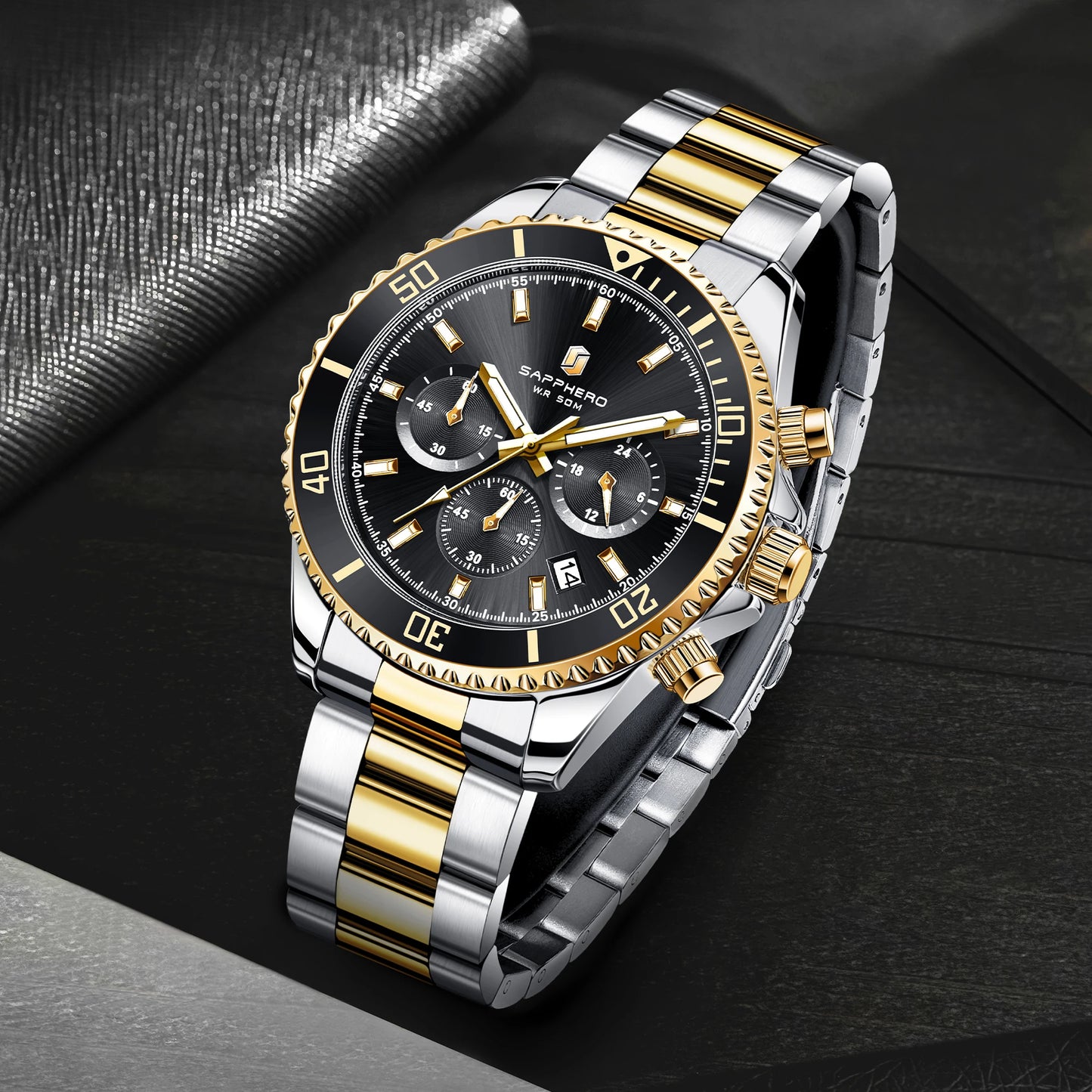 SAPPHERO Men’s Quartz Watch Luxury Chronograph Sport Wristwatch Stainless Steel Waterproof 50M Date Luminous Business Watch