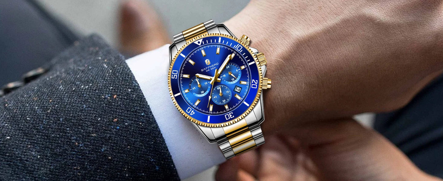 SAPPHERO Men’s Quartz Watch Luxury Chronograph Sport Wristwatch Stainless Steel Waterproof 50M Date Luminous Business Watch