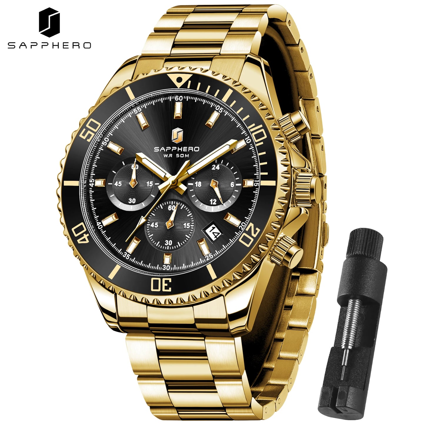 SAPPHERO Men’s Quartz Watch Luxury Chronograph Sport Wristwatch Stainless Steel Waterproof 50M Date Luminous Business Watch