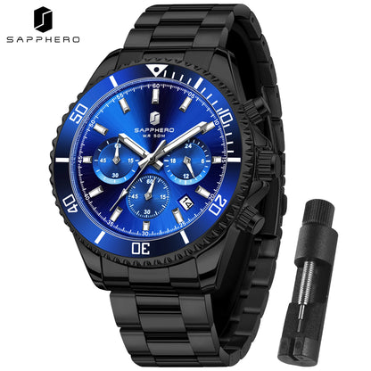 SAPPHERO Men’s Quartz Watch Luxury Chronograph Sport Wristwatch Stainless Steel Waterproof 50M Date Luminous Business Watch
