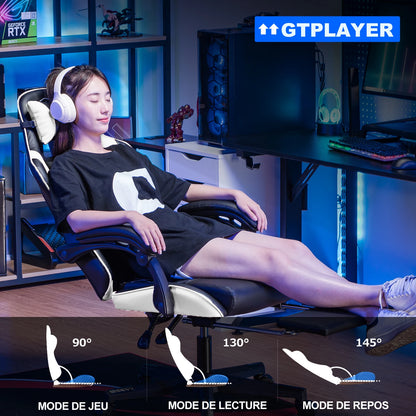 Cadeira gaming GTPLAYER Cadeira gamer Cadeira de escritório ergonómica Apoio para os pés ajustável Apoio lombar e almofadas Cadeira gaming