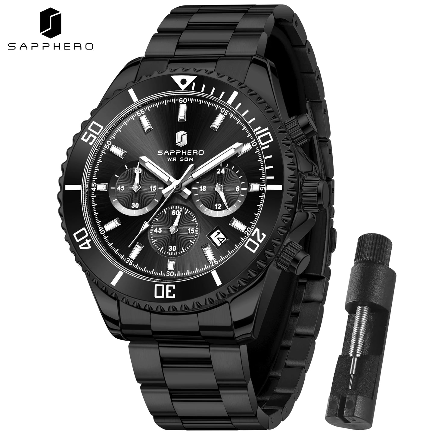 SAPPHERO Men’s Quartz Watch Luxury Chronograph Sport Wristwatch Stainless Steel Waterproof 50M Date Luminous Business Watch