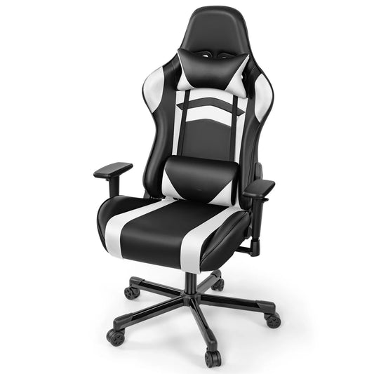 Gaming chair, PU leather adjustable in multiple directions, with lumbar support and headrest, ergonomic, black and white