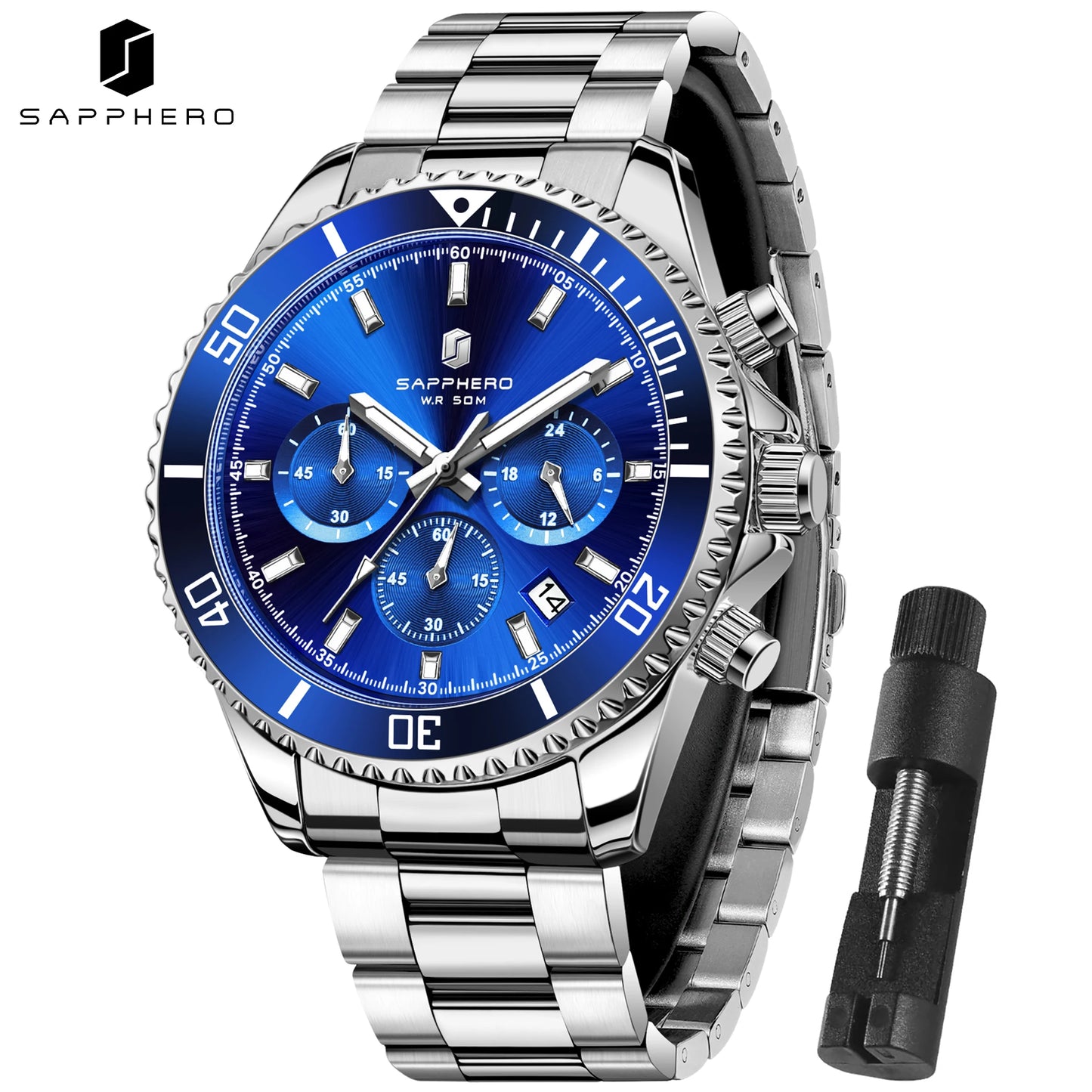 SAPPHERO Men’s Quartz Watch Luxury Chronograph Sport Wristwatch Stainless Steel Waterproof 50M Date Luminous Business Watch