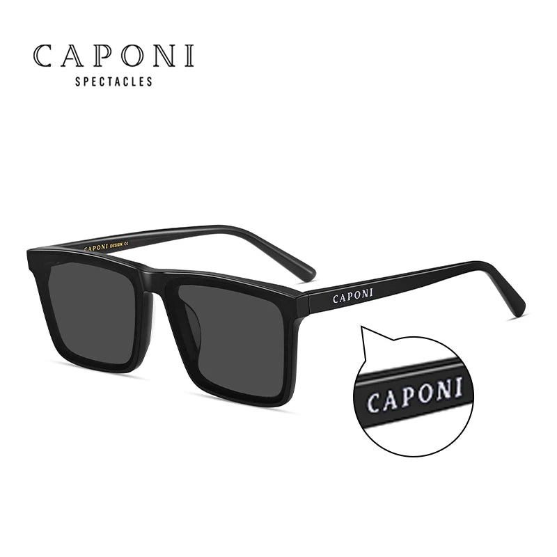 Ochelari de soare polarizați CAPONI din nailon, cu rame din acetat, design pătrat și plat, pentru bărbați, protecție UV400, lentile negre CP7499